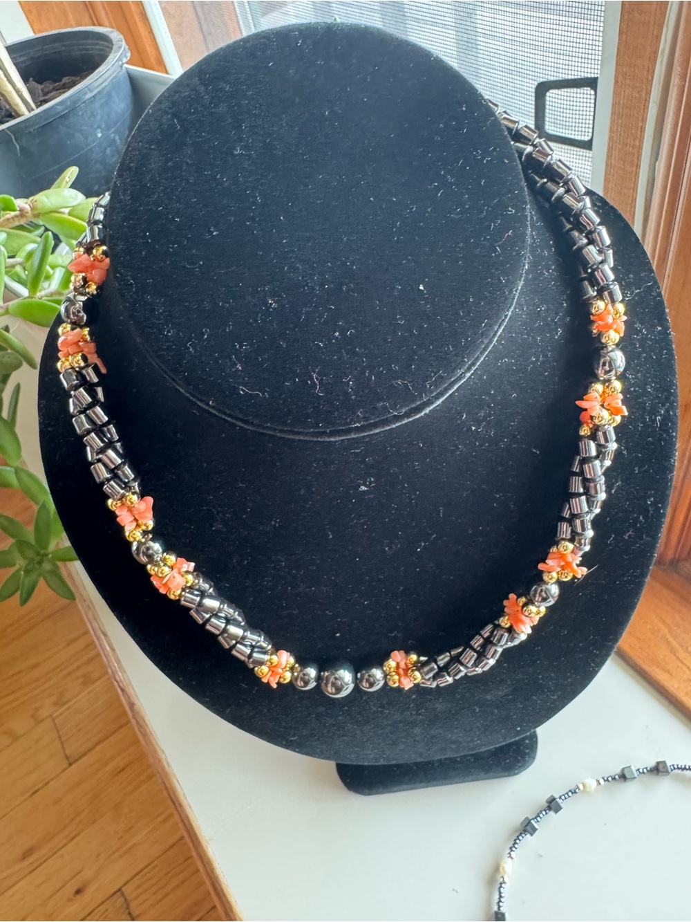 Handmade Hematite Beaded Necklace with Coral accents 80s Boho Statement Jewelry